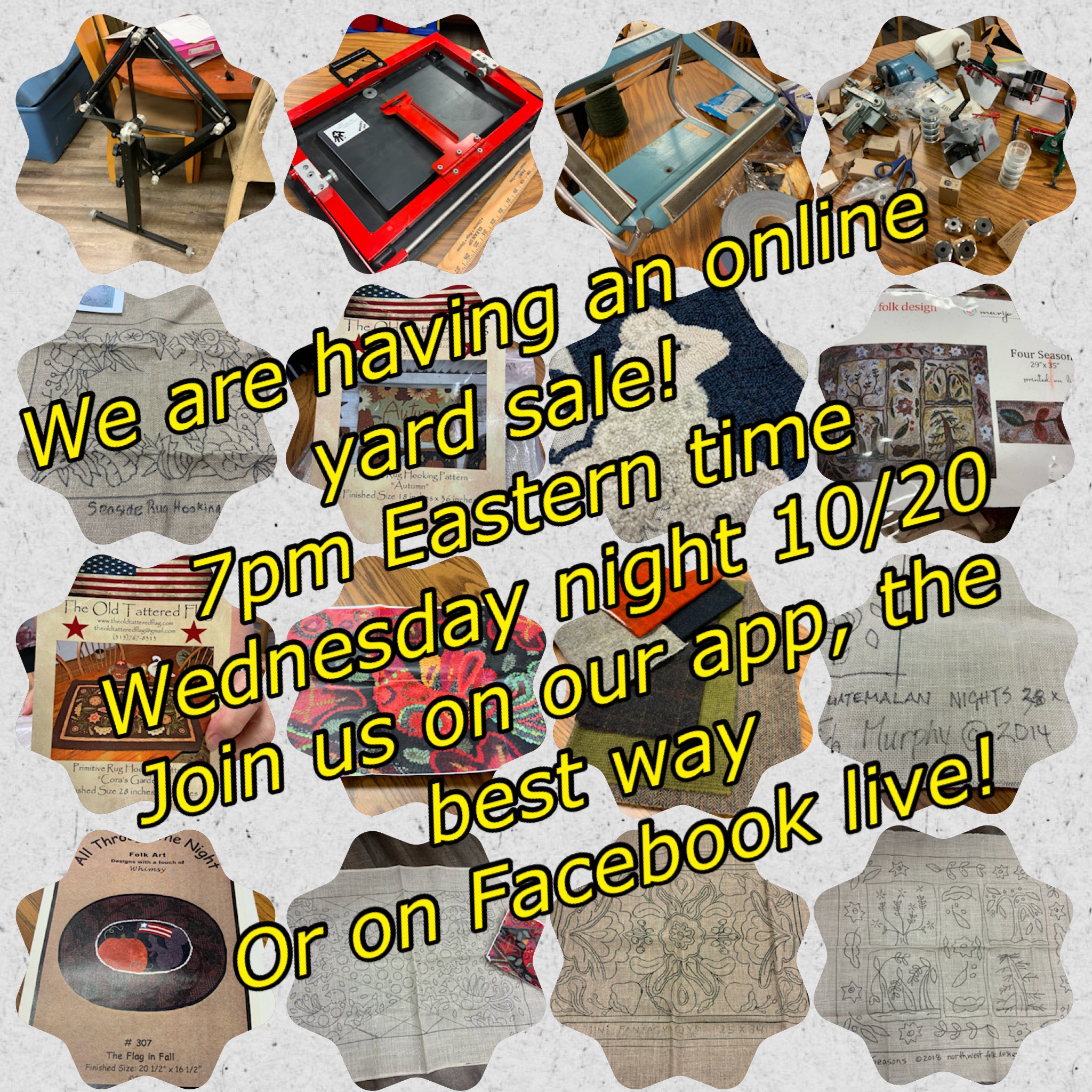 We are having an online yard sale 10/20 at 7 pm eastern