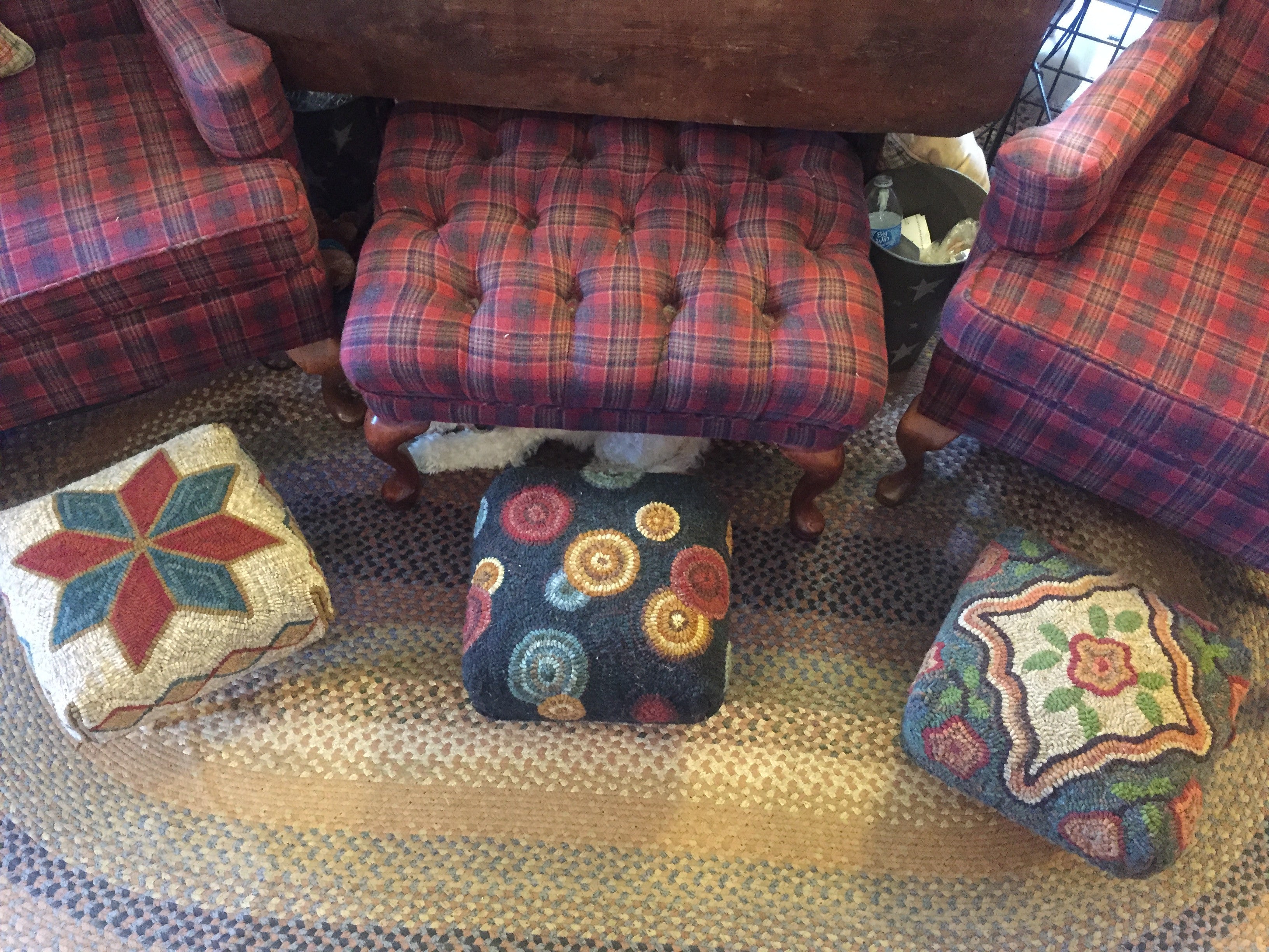 Rug hooking covered foot stools 